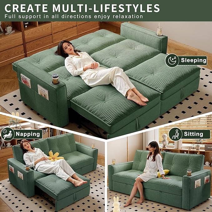 73.2 inch 2-in-1 Convertible Sofa Bed with Cup Holder | Space-Saving Sleeper for Small Apartments Dorms &amp Offices | Guest Ready in Seconds(Green+Corduroy)