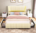 Full Bed Frame with 2 Storage Drawers Modern Linen Bed with Upholstered Headboard Bed Frame with Adjustable Upholstered Headboard &amp LED Lights No Box Spring Needed Beige