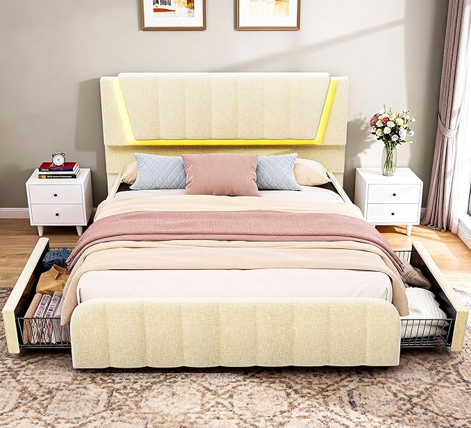 Full Bed Frame with 2 Storage Drawers Modern Linen Bed with Upholstered Headboard Bed Frame with Adjustable Upholstered Headboard &amp LED Lights No Box Spring Needed Beige