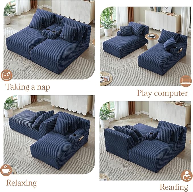 Double Chaise Lounge Sofa Boneless Cloud Couch Bed with Cup Holders and Side Pockets Comfy Deep Seat Sleeper Sectional Loveseat Chair for Living Room (Blue 2 Seat)