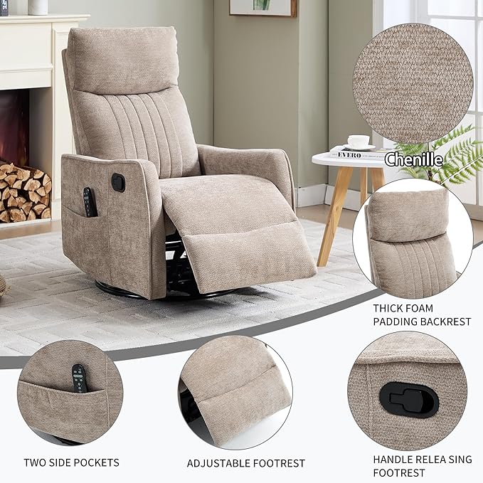 Khaki 360° Swivel Rocker Recliner Chair Massage Reclining Chair with 8-Point Vibration &amp Lumbar Heat for Adults Elderly 155° Recline Easy Assembly for Living Room
