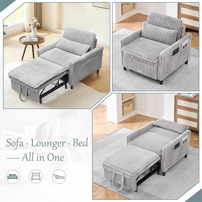 3-in-1 Convertible Corduroy Sleeper Chair – Plush Pull-Out Sofa Bed with Adjustable Backrest Compact Recliner Lounge Chair with 360° Rotating Side Table Perfect for Small Spaces Gray
