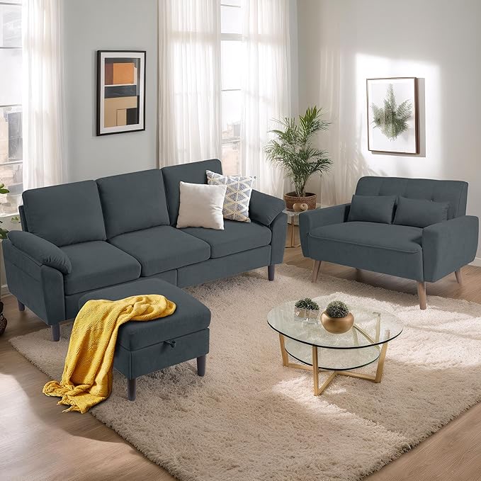 2 Piece Sofa Set Sectional Sofa Couches Set for Living Room 3 Seater &amp Loveseat Sofa with Deep Seats Couches Sets for Living Room/Bedroom/Office/Apartment(Dark Grey)