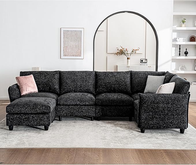 124.4 U Shaped Sectional Couches with Storage Ottoman 6 Seater Chenille Upholstered Modular Sectional Sofa Cloud Couch Sectional Sectional Couches for Living Room Bedroom &amp Apartment (Black)