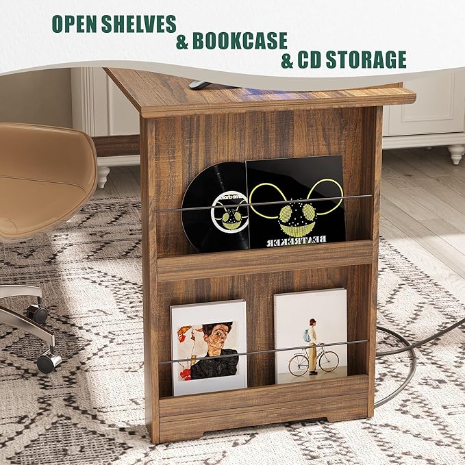 Executive L Shaped Desk with Monitor Stand 59 inch Farmhouse Corner Computer Desk with Power Outlets &amp LED Lights Home Office Desk with File Cabinet for Working Gaming Writing Dark Walnut