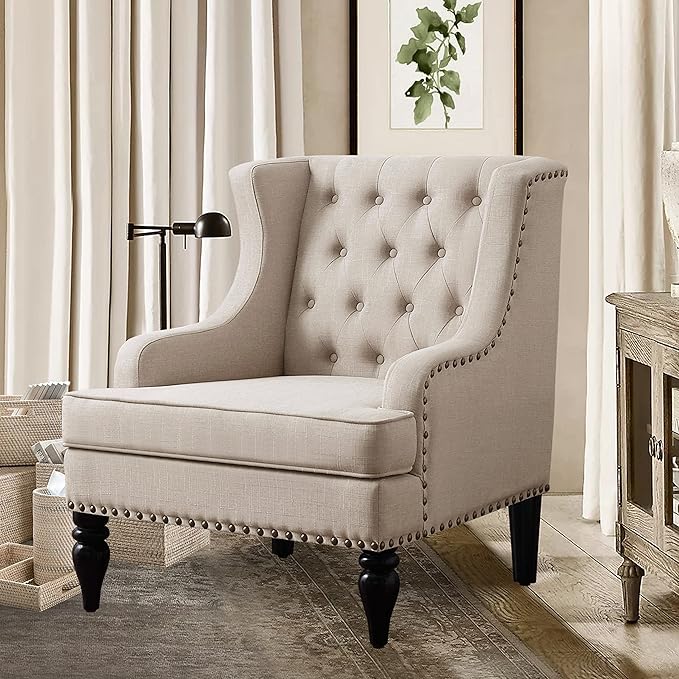 Rosevera Emmie Accent Chairs Upholstered ArmchairLinen Fabric Comfy Reading Seat Lounge for Living Room Bedroom ApartmentEasy Assembly Natural