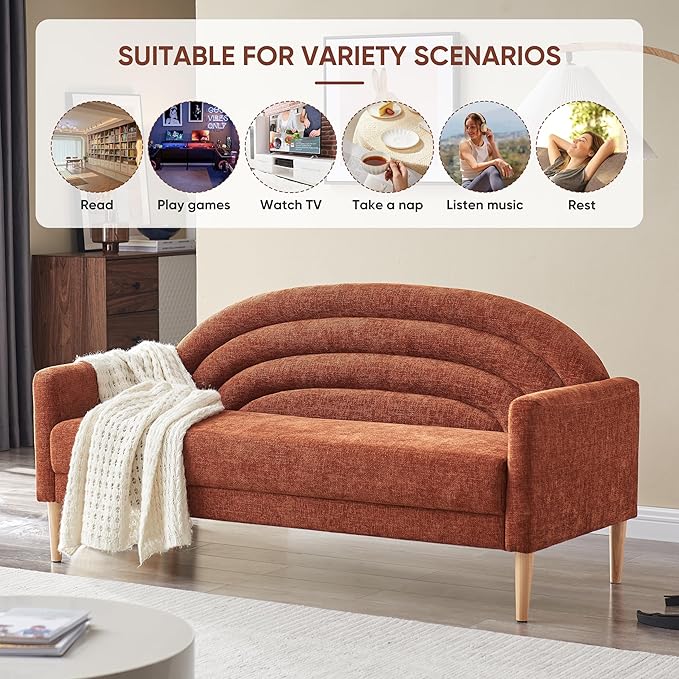 63 Small Loveseat Sofa for Small Spaces Mid Century Modern Sofa Linen Upholstered Furniture with Wood Frame Mini Couch for Living Room/Bedroom Office Couch Easy Assembley Ocher Orange