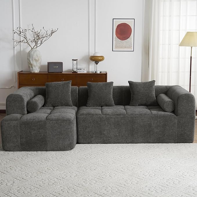 101'' Modular Sectional Cloud Couch L-Shape Boneless Couch for Living Room with Deep Seat Comfy Sleeper Sofa for Living Room Apartment Reception Spaces No Assembly Required Dark Grey
