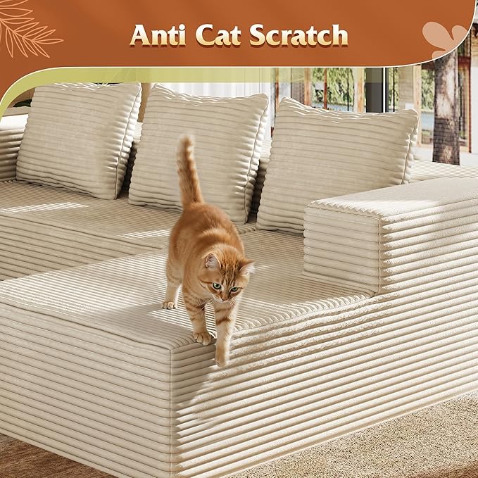 WLIVE 104'' Cloud Sectional Couches for Living Room Modular Boneless Couch with Left Facing Chaise L Shape Memory Foam Corduroy with Cushion Beige