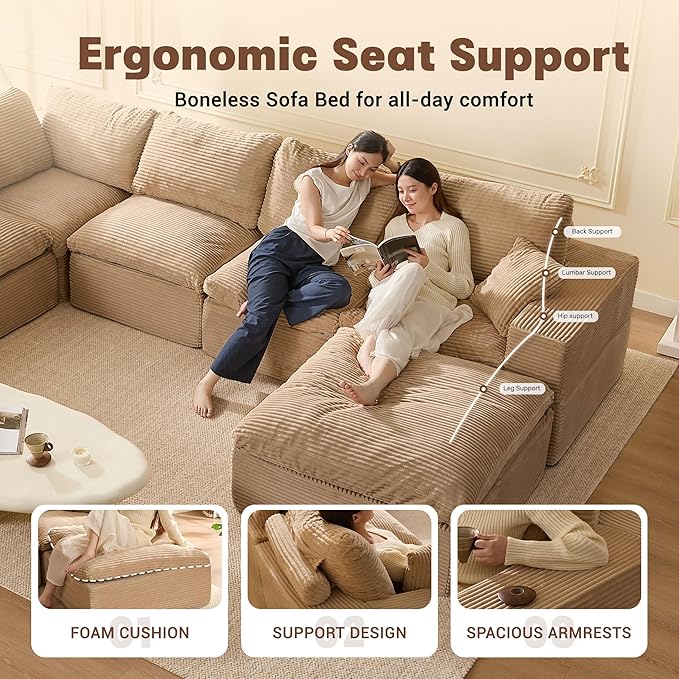 137.8” Sectional Couches for Living Room Set of Cloud Couch Modular Sectional Sofa Convertible Sofas Bed Deep Seat Sofa Sleeper Sofa Full Size Corduroy Camel