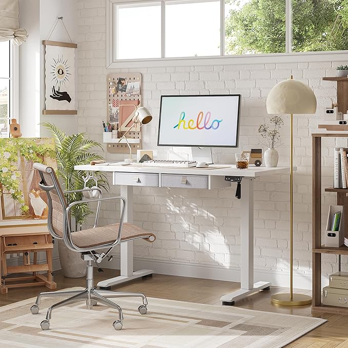 Agilestic Standing Desk with 2 Drawers Adjustable Height Electric Desk with Storage 48 x 24 Inches Sit Stand Up Computer Table for Work Office Home White