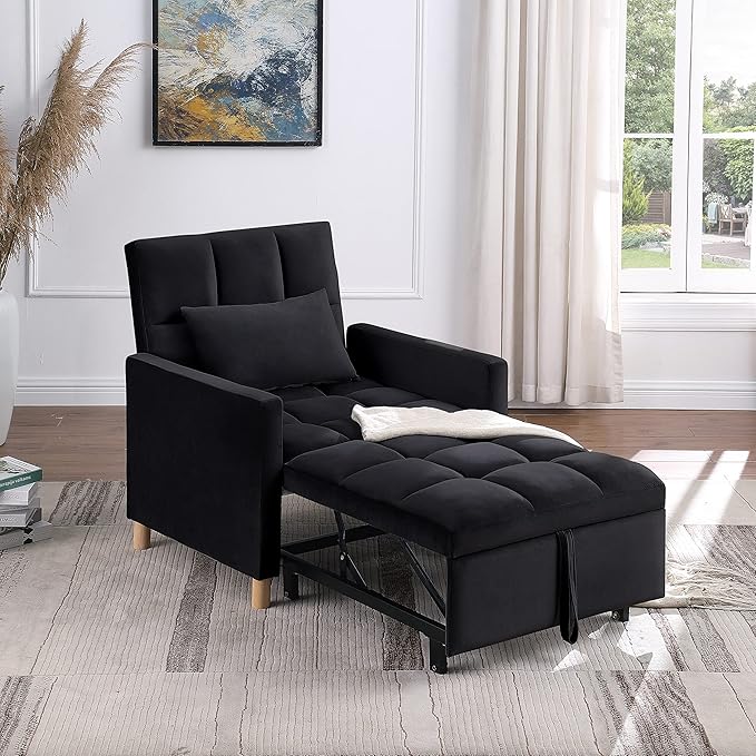 3-in-1 Single Convertible Chair BedSingle Sleeper Sofa Chair Bed with Pillow &amp Pocket Multi-Functional Sleeper Chair Living Room Chair with Velvet Fabric (Black)