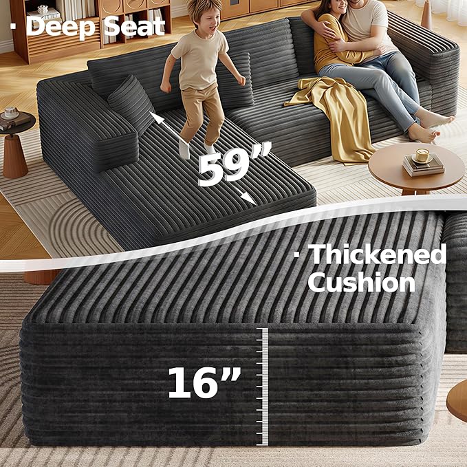 108.2 Modular Sectional Sofa with Deep Seat Boneless L Shaped Corduroy Couch Modern Comfort Cloud Couch Oversized for Living Room No Assembly (Left Facing Chaise Gray)