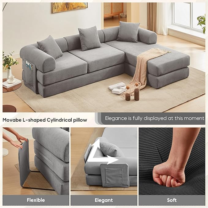 L Shaped Convertible Modular Sofa Bed with Cylindrical Pillow &amp Reversible Chaise Corduroy Folding Floor Sofa Couch Bed with Fixed-Shape Frame &amp Storage Pocket for Living Room Grey