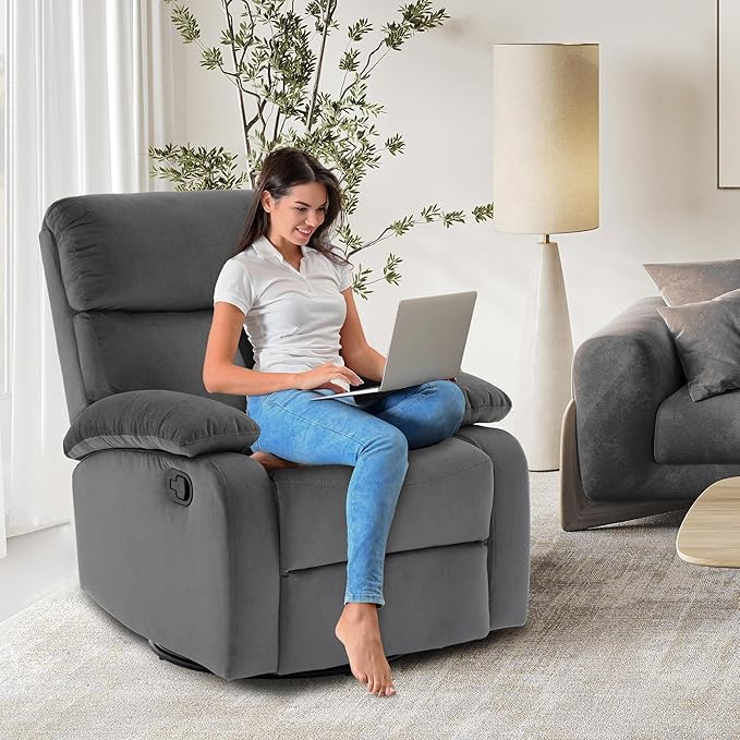 Swivel Rocker - Small Recliner for Small Spaces with Overstuffed Arms and Back Manual Swivel Recliner Chair with Ultra-Soft Velvet for Living Room Nursery Bedroom Dark Gray