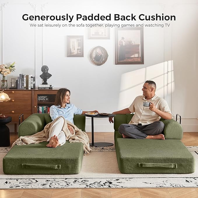 5-in-1 Convertible Sofa Bed | 79 Modular Sleeper with High-Resilience Foam &amp Fixed Frame No Assembly | Corduroy Fabric Ideal for Small Spaces Studio (Light Green)