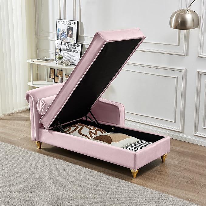 60.6 Modern Storage Chaise Lounge IndoorVelvet Upholstery Sofa Chair with1 Toss PillowsUpholstery Lounge Sofa with Gold Metal Legs for Small ApartmentLiving RoomOfficeReception AreaPink