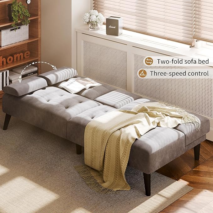 JAMFLY Futon Couches Loveseat Sofa Bed Convertible Lazy Futon Sofa Bed with Cup Holder for Small Spaces Bedroom Living Room Apartment Dorm （Dark Grey）