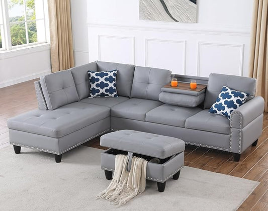 98 Faux Leather Sectional Sofa with Left Facing Chaise L-Shaped 5 Seater Conrner Couch with Removable Storage Ottoman and Hidden Cup Holders for Living RoomGray