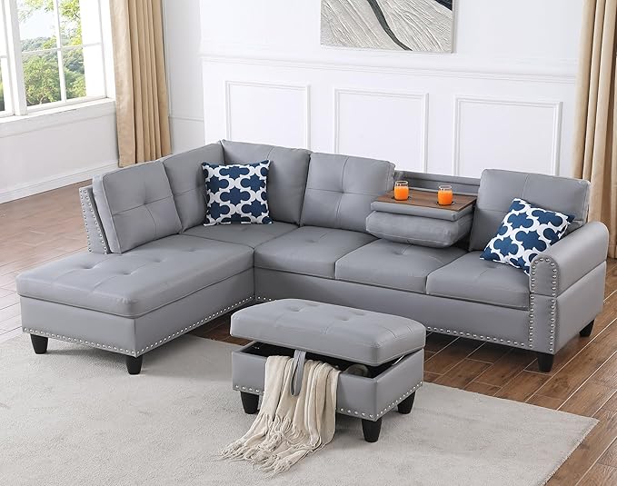 Wakefit Sectional Sofa Couch Modern 4-Seaters Living Room Furniture Sets with Chaise Lounge Ottoman &amp 2 Pillows | L Shape Couch | Cup Holder | Faux PU Leather Gray