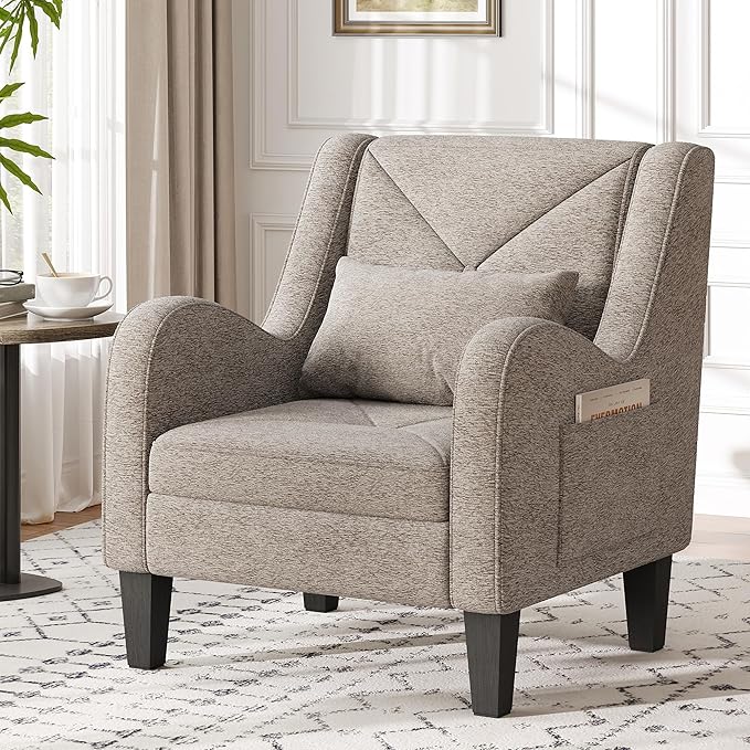 Maupvit Chenille Accent Chair for Living Room Bedroom Chair Comfy Reading Chair Upholstered Arm Chair Single Sofa Chair with Lumbar Pillow Mid Century Modern Chair for Small Spaces Grey
