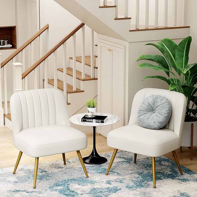 Andeworld Modern Accent Chair Set of 2 Upholstered Faux Suede Living Room Chairs Elegant Armless Cute Small Side Club Chair with Golden Legs for Bedroom-Beige