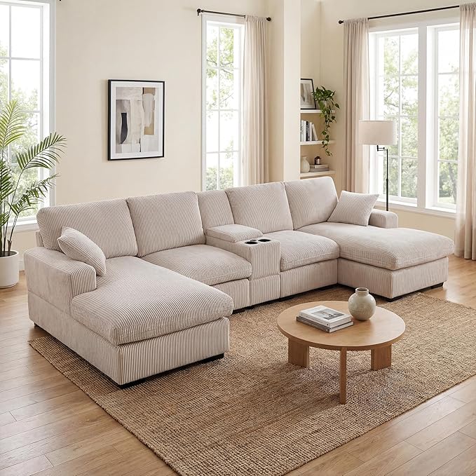 126 U Shaped Sofa Modular Sectional Sofa with Chaise Lounges Modern Couch with Storage Console USB Charging Ports &amp Cup Holders Corduoy Upholstered Deep Seat Couch for Living Room Beige | st
