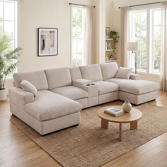 126 U Shaped Sofa Modular Sectional Sofa with Chaise Lounges Modern Couch with Storage Console USB Charging Ports &amp Cup Holders Corduoy Upholstered Deep Seat Couch for Living Room Beige | st