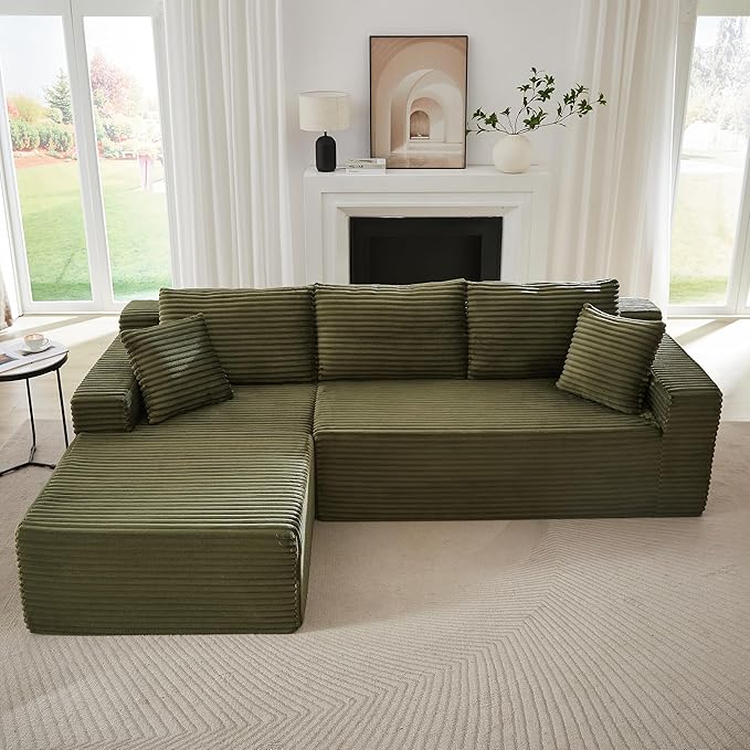 103'' Modular Sectional Sofa with Deep Seat Comfy L Shaped Couch Modern Cloud Couch with Oversized Chaise Corduroy No Assembly Required for Living Room Bedroom Green
