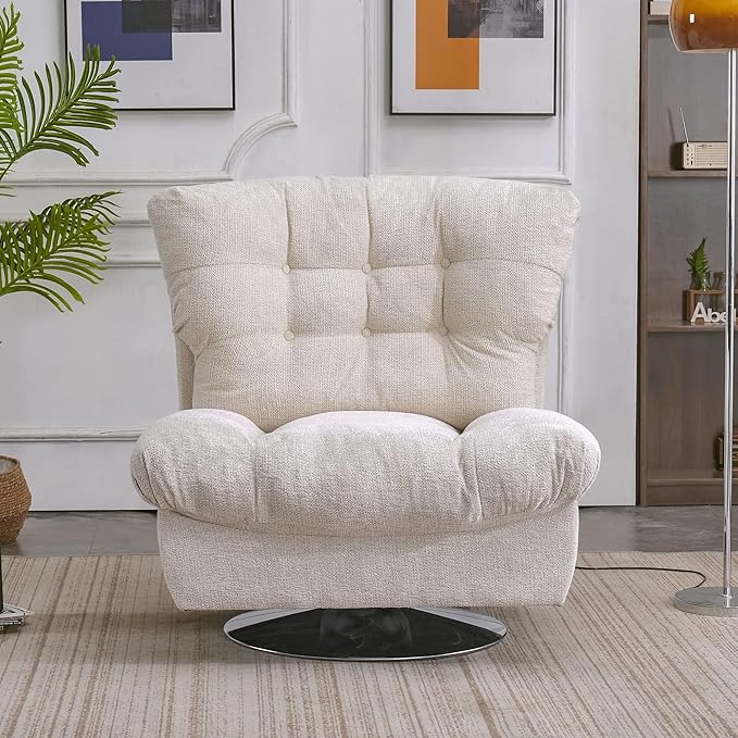 MCombo Swivel Accent Chair Modern Tufted Upholstered Armless Chairs Wide Seat Single Sofa Chair for Living Room Bedroom Nursery Room LW753 (Cream White)