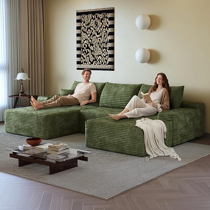 108 Sectional Couches for Living Room Modern Modular Sofa with L-Shape Couchs Upholstered Boneless Couch Deep Seat Sectional Couch with Chaise (Green Left Facing Chaise+2Seaters+1Ottoman)