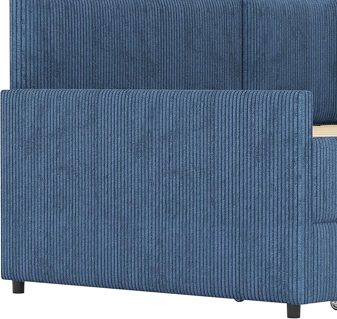 Twin Size Daybed L-Shaped Modern Corduroy Upholstered Sofa Day Bed Frame with Storage Drawers for Living Room Bedroom Guest Room No Box Spring Needed (Blue)