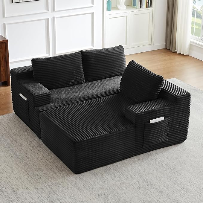 Modern Corduroy Modular Sectional Sofa96.1 Minimalist Style L-Shaped 3 Seat Couch with Side Storage PocketsComfortable Chaise Lounge for Living RoomReception AreaBlack Right Chaise Lounge