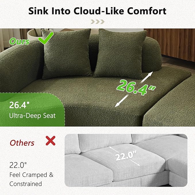 106.7 Modern Curved Oversized Sectional Sofa Minimalist Modular Cloud Couch with 4 Throw Pillows Luxury 4-Seater Extra Deep &amp Wide Seat Sofa in Soft Teddy Fabric Olive Green