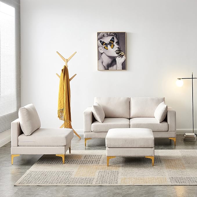 kevinplus 93'' Sectional Sofa Couch for Living Room with Convertible Chaise Ottoman Modern 3-Seat L-Shape Sofa Couch with Golden Metal Legs for Bedroom Home Office Apartment Small Space Beige