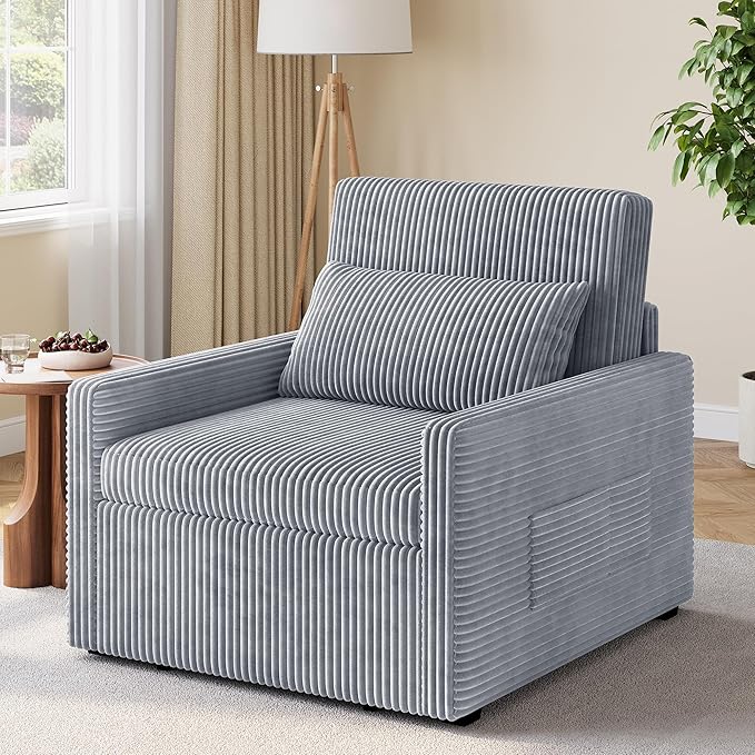Ahomly 3 in 1 Convertible Sleeper Chair Corduroy Single Sleeper Sofa Bed for Adults 75.2 Long Pull Out Chair Bed with Side Pockets for Living Room Small Place Gray