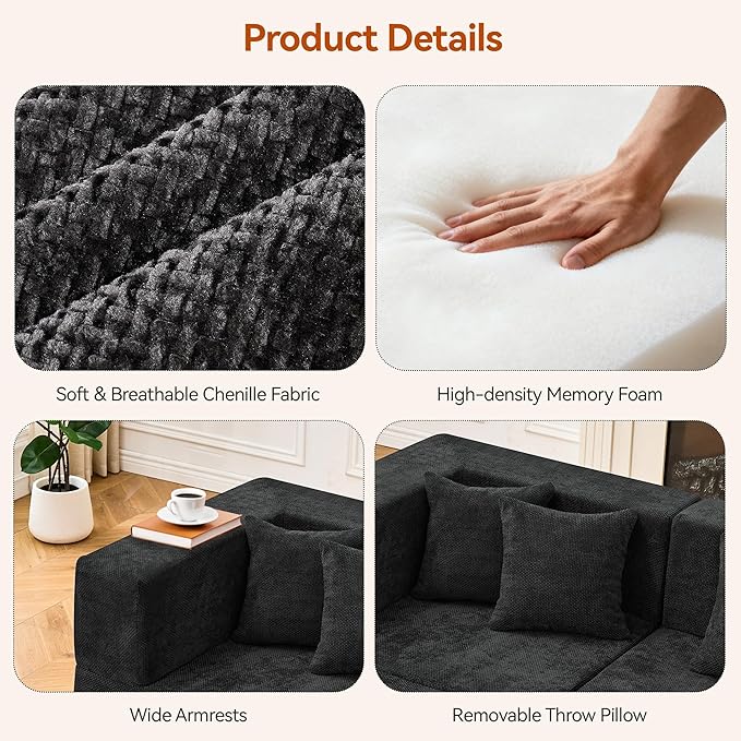 75 Loveseat Sofa Comfy Chenille Cloud Couch with 4 Pillows Modern Deep Seat Boneless Couch 2 Seater Sofa for Living Room Bedroom and Apartment No Assembly Required Black
