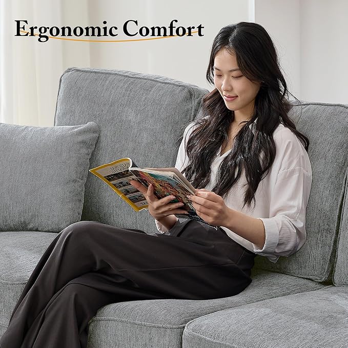 89 3-Seater Sofa Couches for Living Room with Deep Seats Mid Century Modern Chenille Sofa with Armrests Comfy Sofas for Living Room Bedroom Apartment Office Pewter