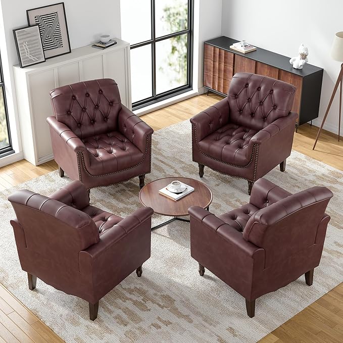 Faux Leather Accent Chairs Set of 4 Modern Armchair Club Chair with Nailhead Trims &amp Wood Legs for Living Room Upholstered Comfy Arm Chair Side Chair for Office Bedroom-Dark Red