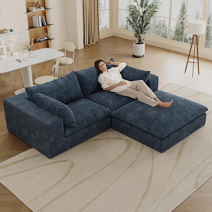 78.7 L Shaped Modular Sectional Sofa Cloud Couch with OttomanPlush Corduroy Couches for ApartmentNo Assembly RequiredBlue