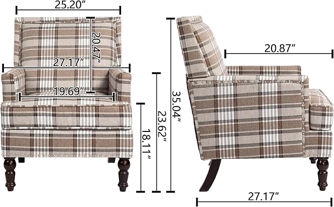 Accent Chair Plaid Modern Comfy Mid-Century Accent Chairs Upholstered Lounge Arm Chair with Solid Wood Frame for Living Room/Bedroom-Brown Plaid