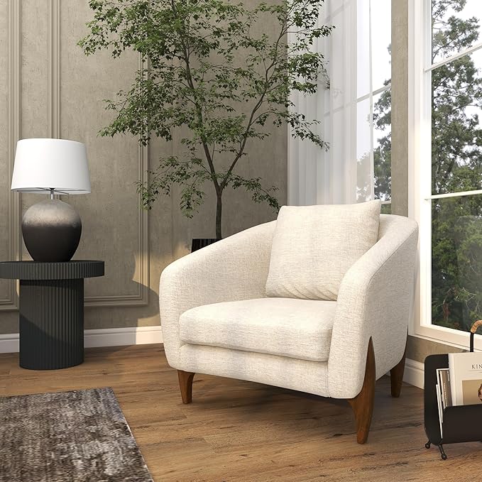 Deco 79 Polyester Living Room Accent Chair Rounded Boucle Side Chair with Brown Wooden Legs and Matching Pillow Corner Chair 32 x 32 x 31 White