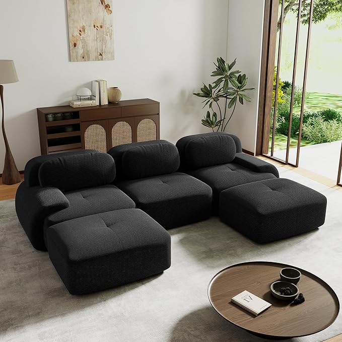117.3” U Shaped Boneless Couch with Ottoman Corduroy Modular Sectional Sofa Comfy 5 Seater Cloud Sofa Sectional Deep Seat Modern Upholstered Couches for Living Room No Assembly Required