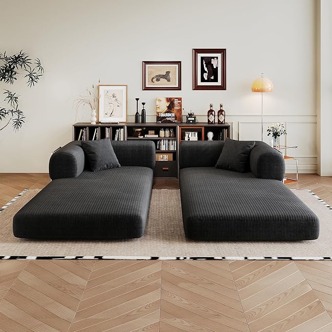 KEIKI 78.8 inch Compression Sofa Convertible Floor Sofa Bed Comfy Futon Couch Sleeper Bed Corduroy Folding Loveseats for Living Room Black