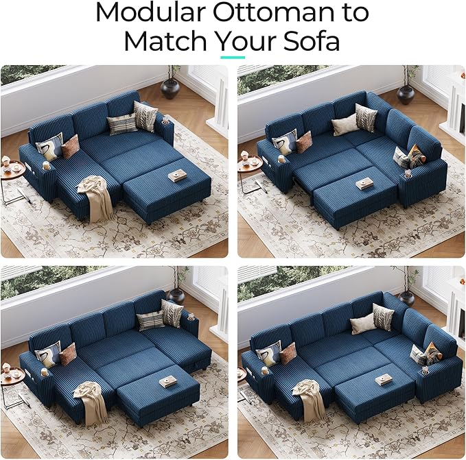 LINSY HOME Sectional Sleeper Sofa with Pull Out Couch Bed for Living Room (Blue) | Plush Corduroy Storage Ottoman Storage Chaise Pull Out Couch USB Charging
