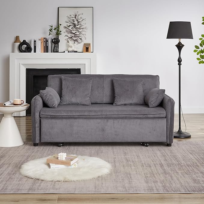 Ball &amp Cast 66 Convertible Sofa Bed3-in-1 Corduroy Loveseat Sleeper Pull Out Couch Bed with Pillows and Side Pockets Deep Seat Comfy Sofa Couches for Living RoomApartmentGrey