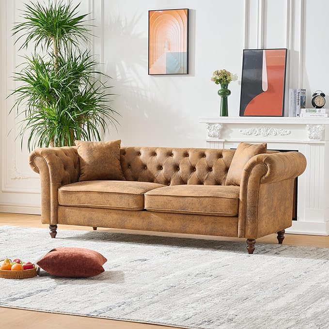 Mid Century Modern Faux Leather Couch Set of 2 Tufted Couch and Loveseat Set muebles para la sala Comfy Chesterfield Upholstered Office Furniture Living Room Sofa Set 2 Piece (Brown 2+3 Seater)