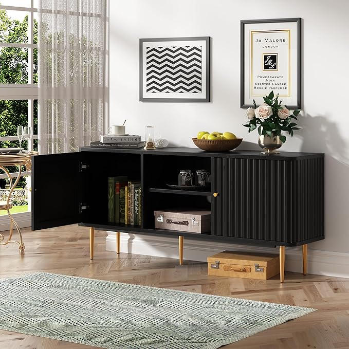 ARTPOWER 55” Fluted TV Stand Mid Century Modern Black TV Stand for 55/60/65 inch TV Entertainment Center with Storage Television Stands TV Console Media Console for Living Room Bedroom (Black)
