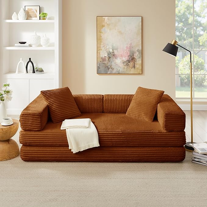 81'' Futon Sofa Bed Folding Floor Couch Bed Corduroy Fabric Boneless Couch Compressed Boneless Sofa in a Box Comfy Sleeper for Living Room-Orange