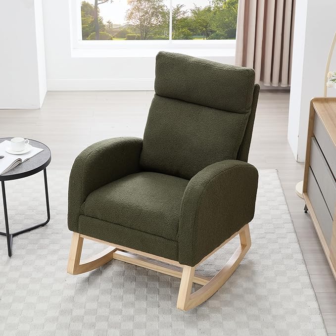 Setawix Teddy Rocking Glider Chair with Footrest for NurseryUpholstered Living Room Rocker Arm ChairLeisure Rocking ArmchairMid Century Modern Rocking Accent Chair with Side Pockets (Teddy Green)
